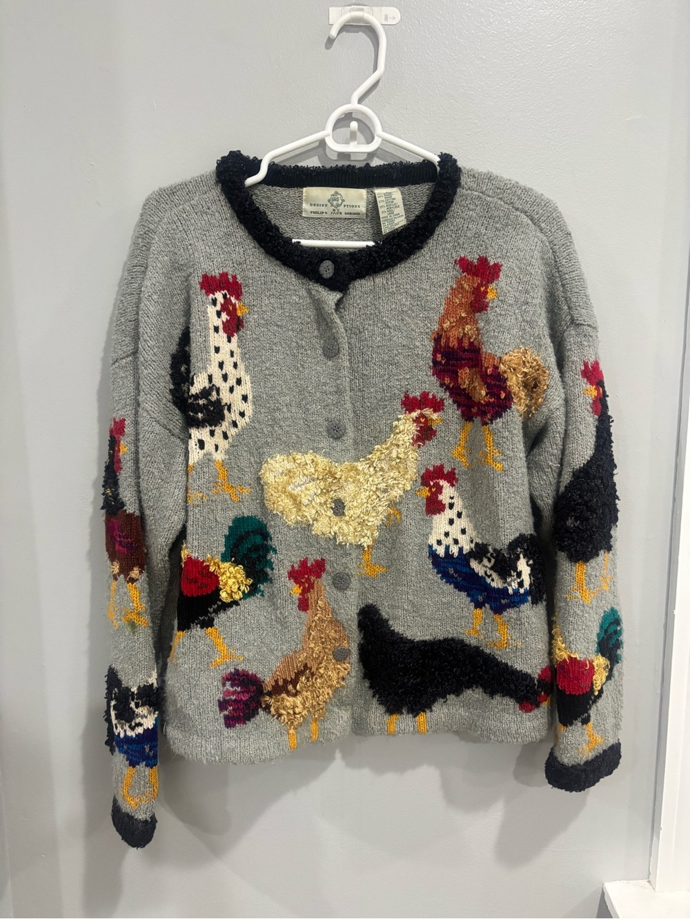 Vintage Design Options Philip Jane Gordon Cardigan Farmcore Rooster Chicken L